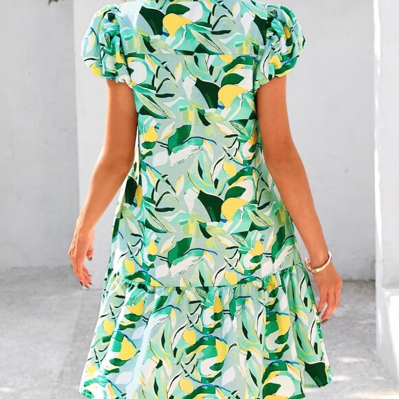 Womens Summer Dresses 2025 Puffy Sleeve V Neck Loose Floral Print A Line Boho Mi - Picture 5 of 8